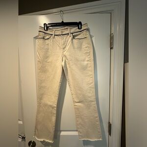 Tory Burch Cream-Colored Straight Fit Jeans w/ Black Trim.